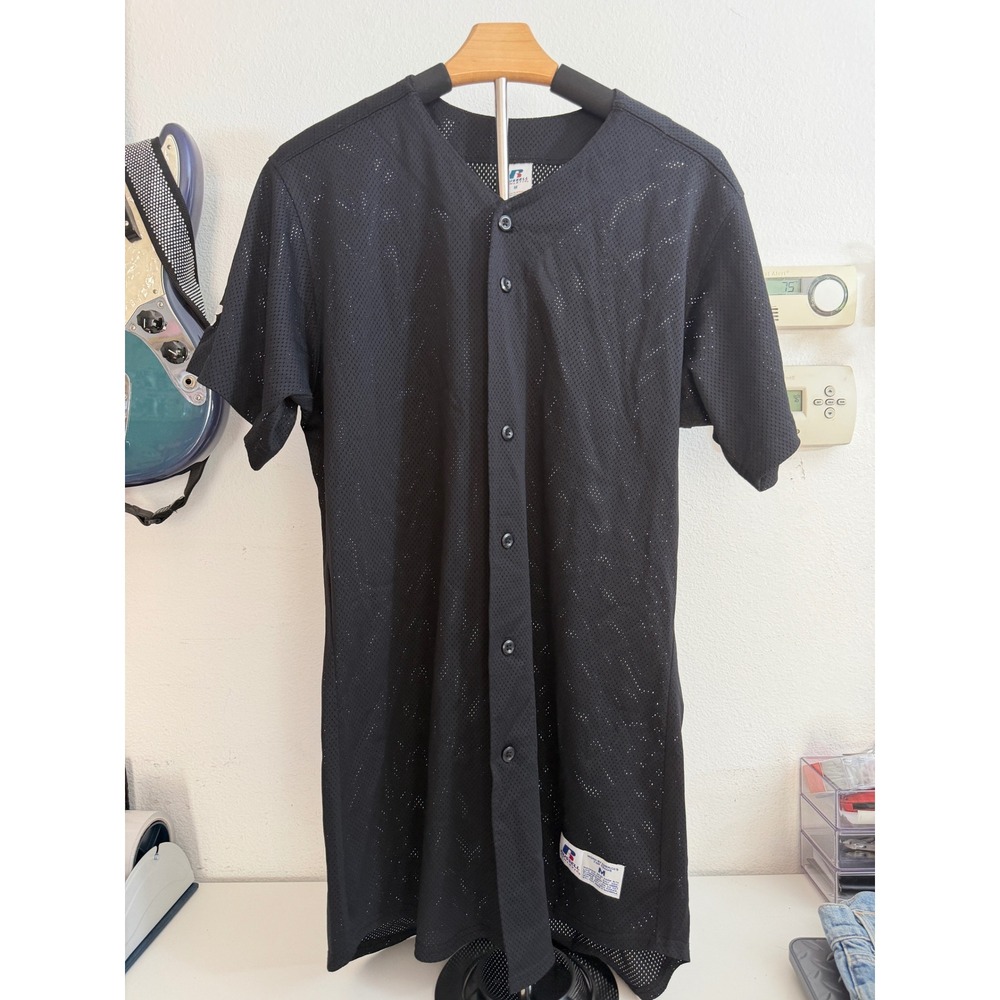 Russell Athletic Mens Black Mesh Baseball Jersey Button Up Shirt 34595MK New